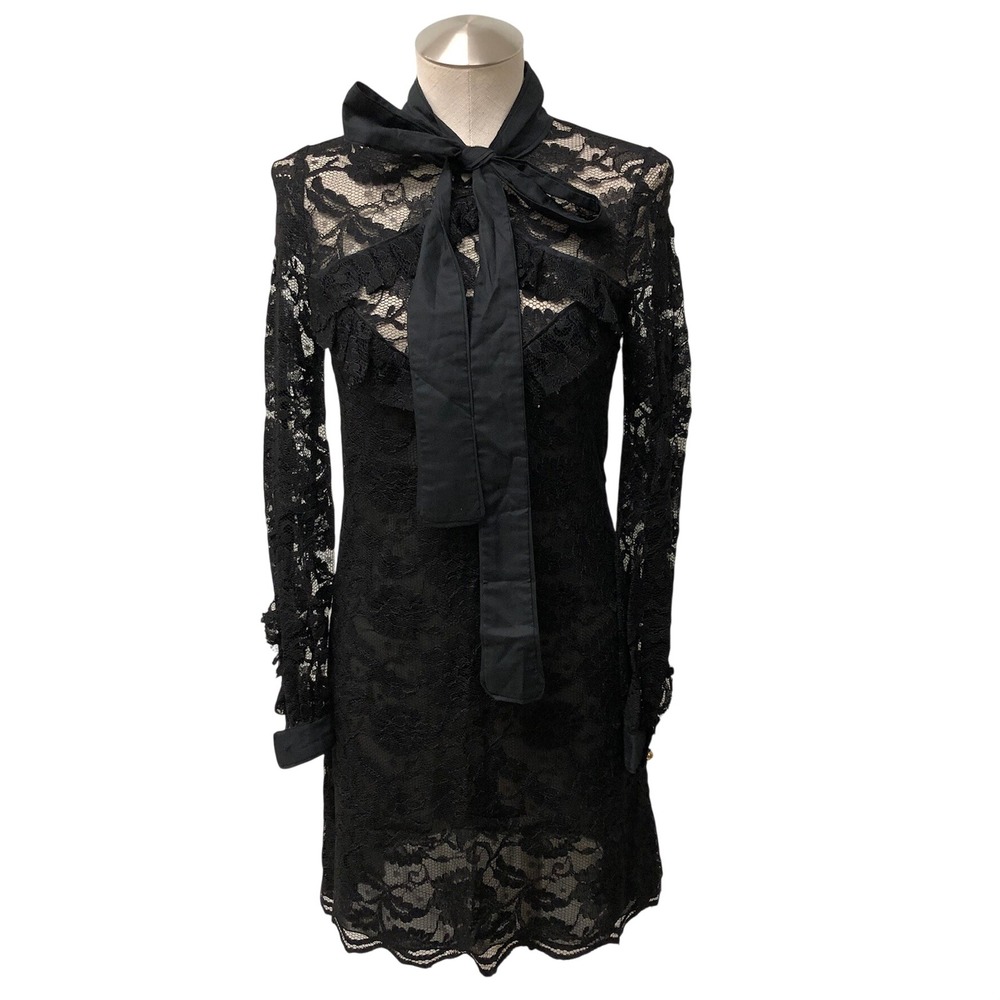 Francesco Scognamiglio Dress Womens 38 Black Lace Long Sleeve Bow Neck Ruffle